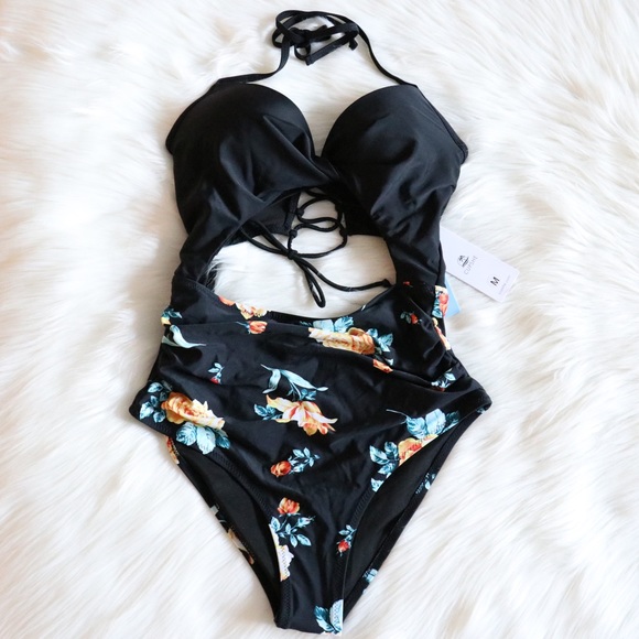 Black Floral Print Halter One Piece Swimsuit Sz L= - Picture 9 of 13